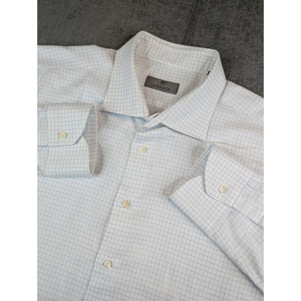 Canali Dress Shirt Men 18.5 46 White Check Long Sleeve Button Made In Italy